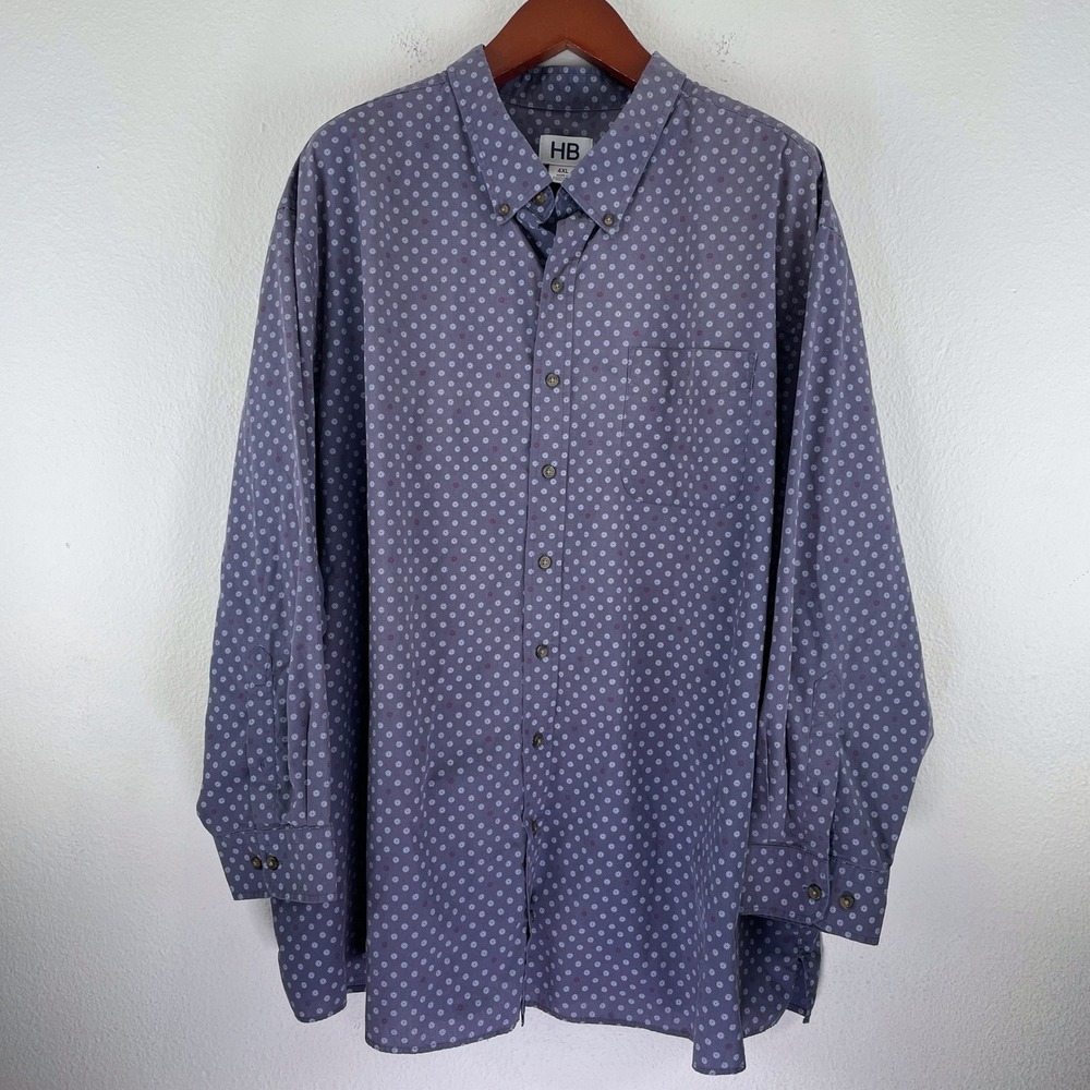 HB Mens 4XL Blue Gray Micro Floral Button Down Long Sleeve Shirt Pocket